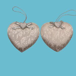 White Brocade Valentine Ornaments Silver Heart Wedding Anniversary Party Lot 2